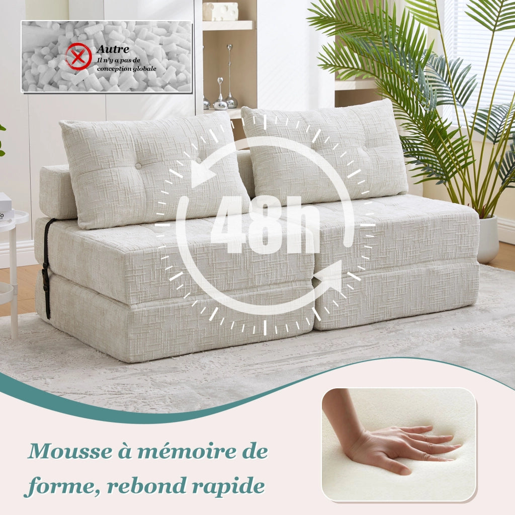 OKWISH Divano Letto Pieghevole con Schienale, Cuscini Poggiatesta e Lombare, Schiuma ad Alta Densità, Ciniglia Beige