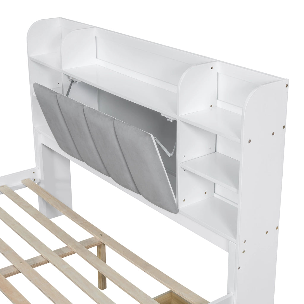Letto con cassetti 160 × 200 cm con 3 cassetti su ruote e ripiani aperti bianco e grigio