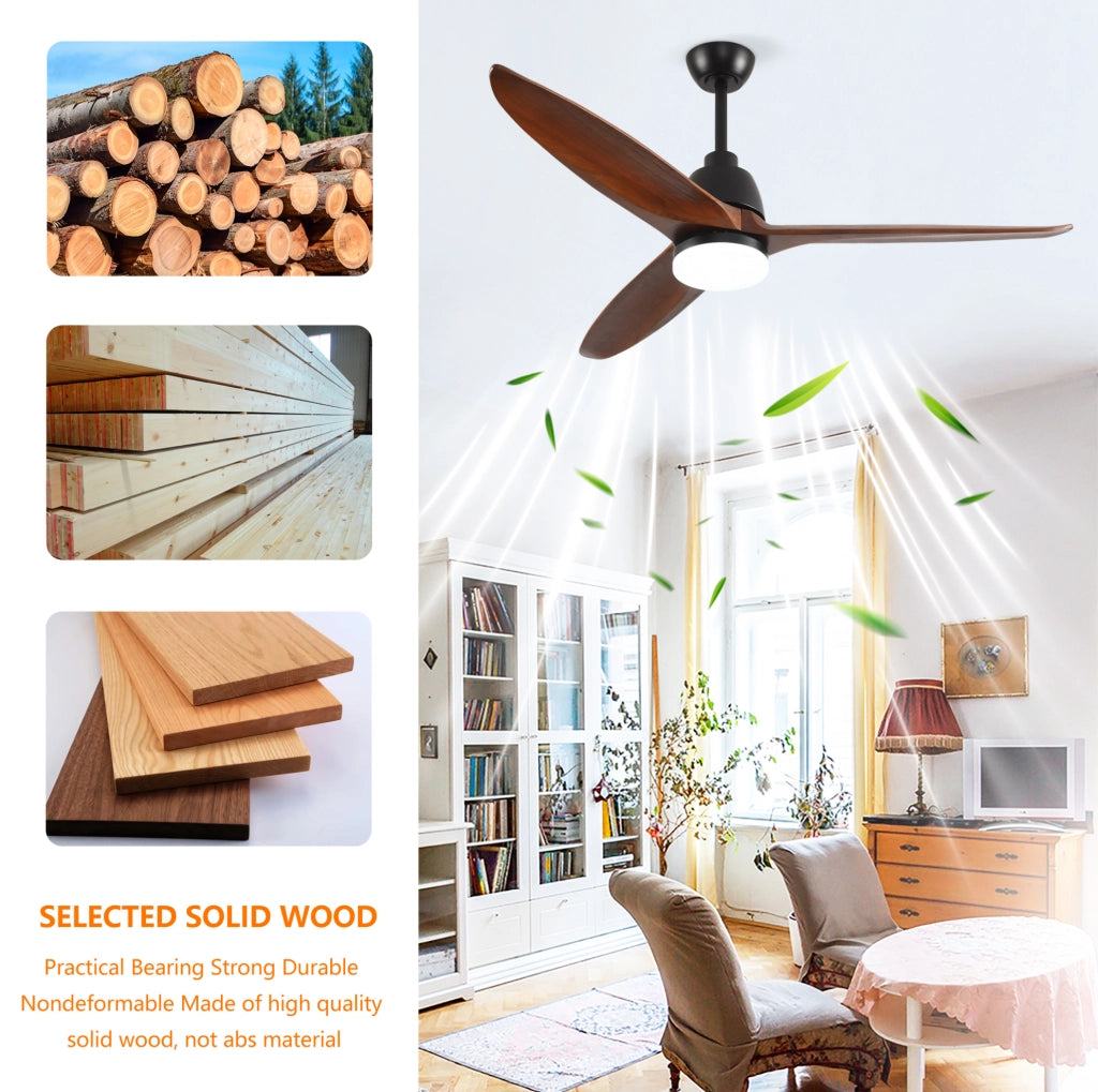 Ventilatore da soffitto 52" con luce LED a 3 tonalità; 3 pale in legno massello; nero e noce scuro