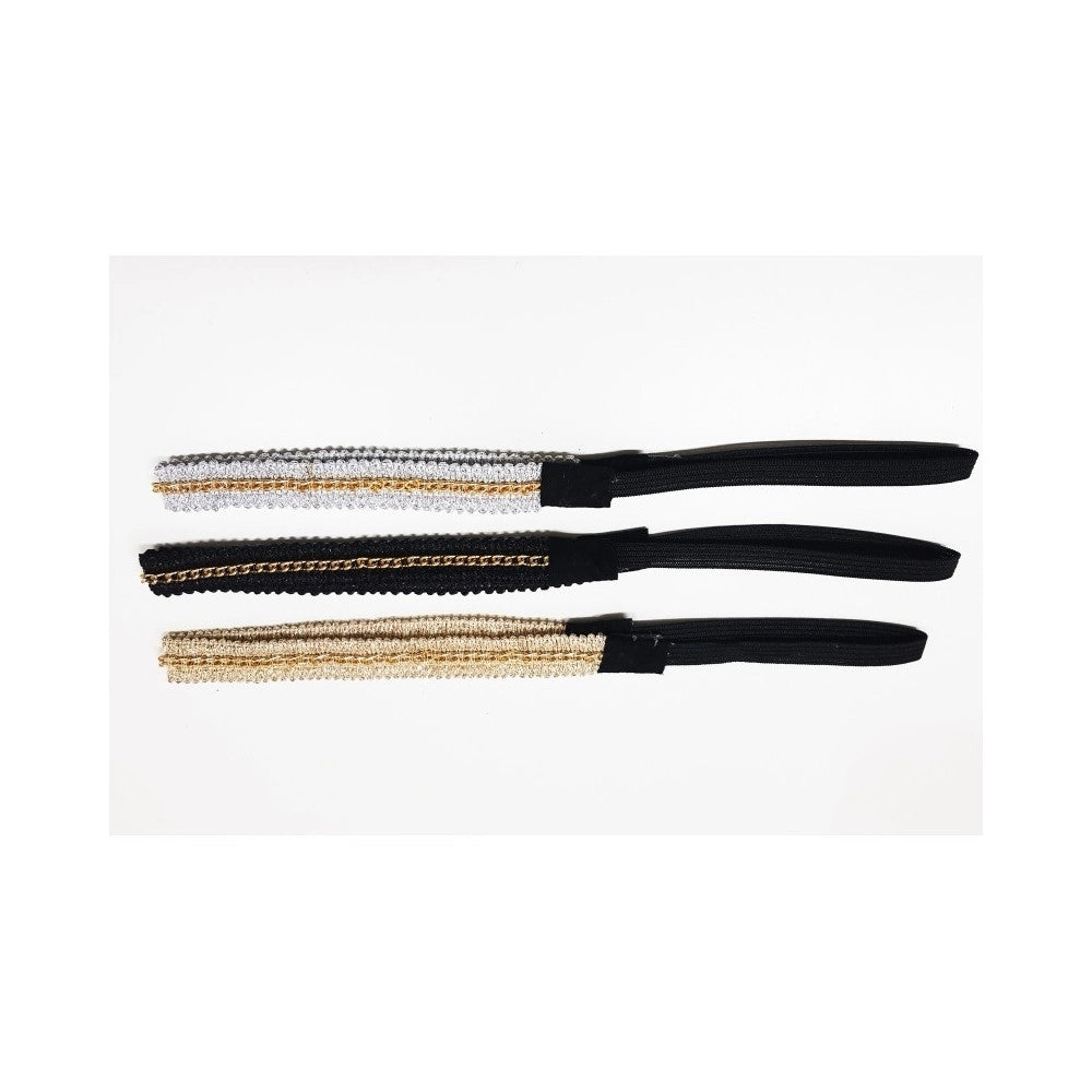 Trade Shop - 3 Fasce Glitter Catena 1cm Nero Oro Argento Retrò Elastico Fermacapelli Frontino -