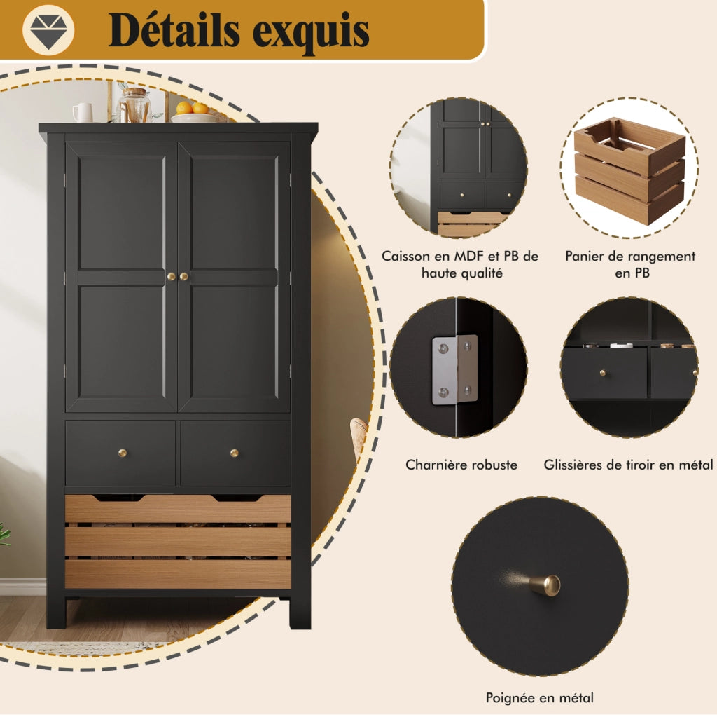 Mobile alto da cucina ULEVR 80x40x140 cm con 2 ante, 5 cassetti e 2 ripiani, nero