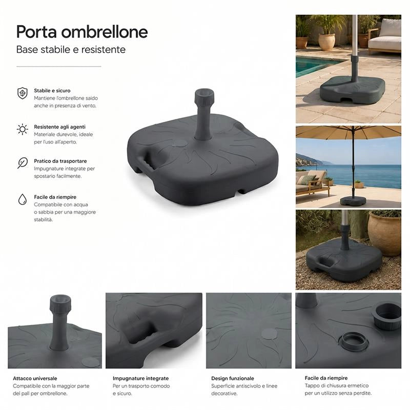 SUPPORTO BASE OMBRELLONE DA GIADINO IN PP 45 X 45 X 16 CM COLORE ANTRACITE - 18L