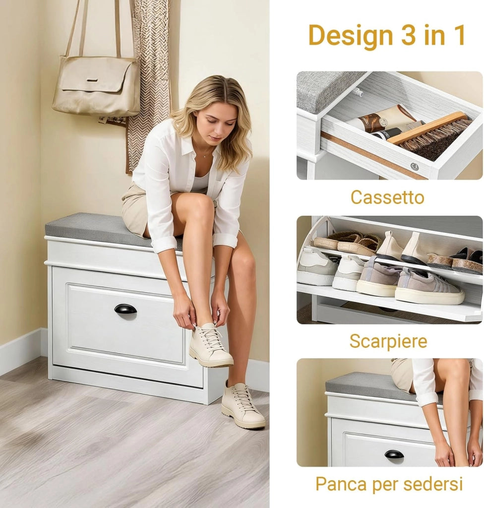 Scarpiera Salvaspazio Slim con Seduta Panca Scarpiera da Ingresso Contenitore in Legno Mobile Ingresso per Scarpe, 61x24x54cm Effetto Legno Invecchiato Bianco FSR82-K-WG