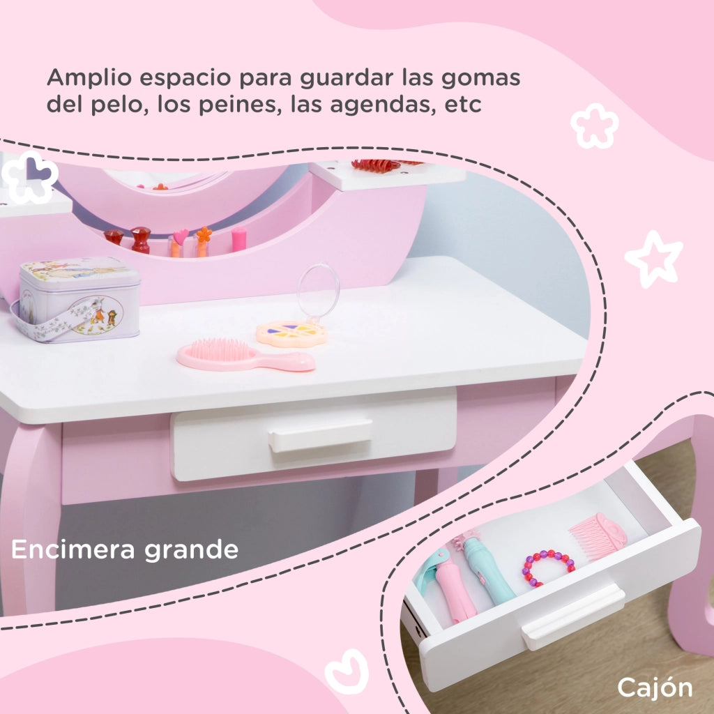 Tocador Bambini con Specchio e Cassetto ¨C zephmum ¨C Rosa 65.5x46x93 cm