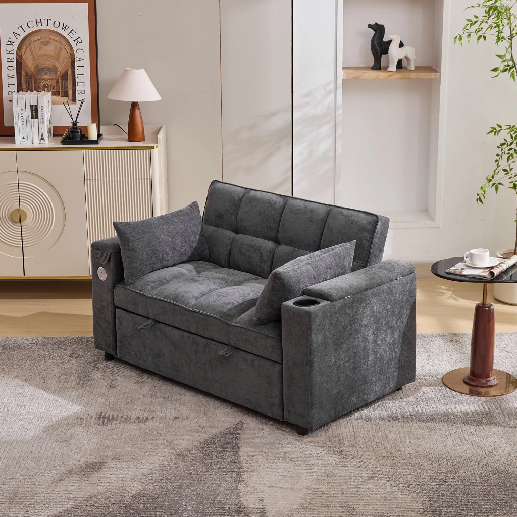 Divano letto 3 in 1 con schienale regolabile, porte USB e tipo C, portabicchieri e tavolino nascosto in tessuto grigio