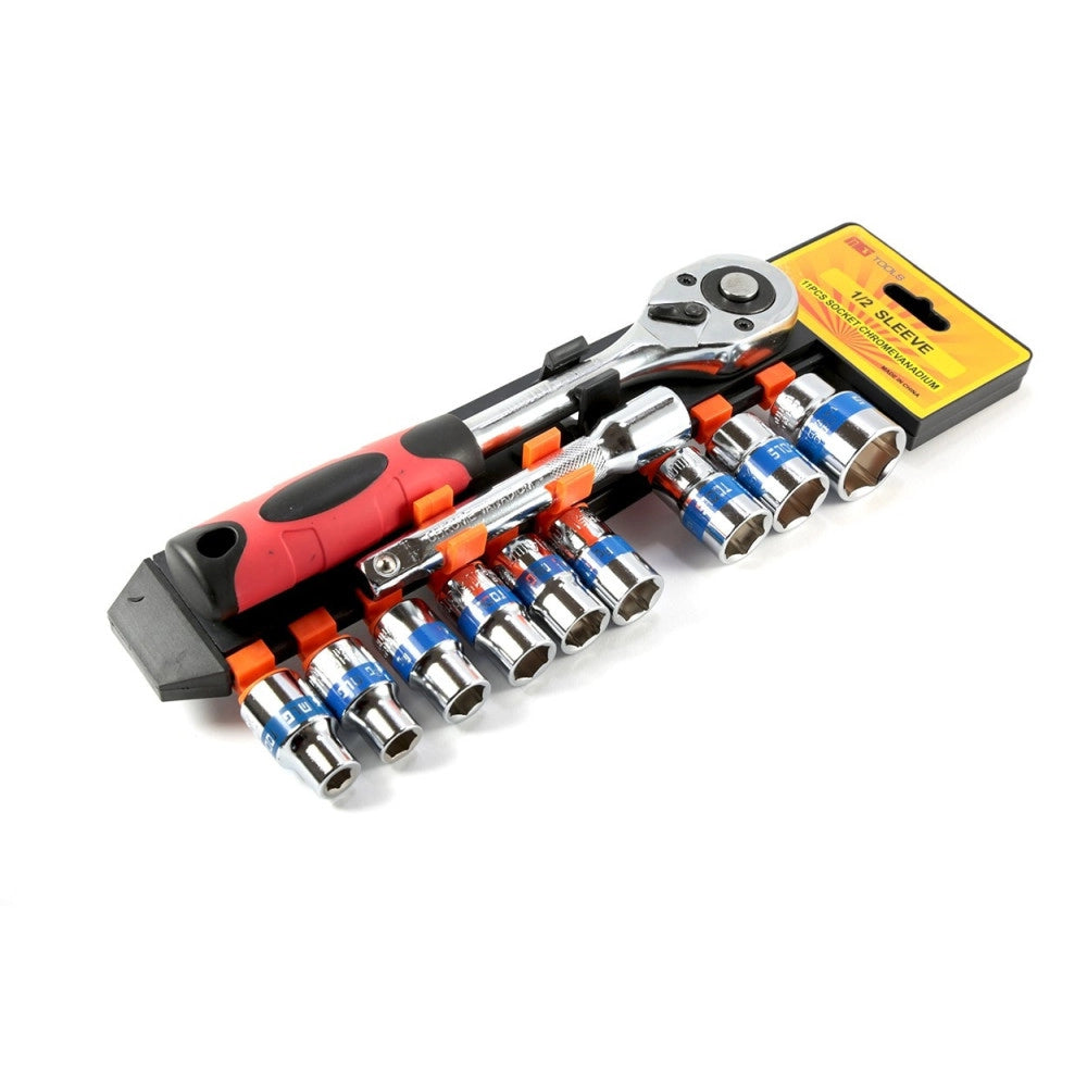 Trade Shop - Serie Chiave A Cricchetto Reversibile 1/2" Kit Da 11pz Con Bussole Esagonali -