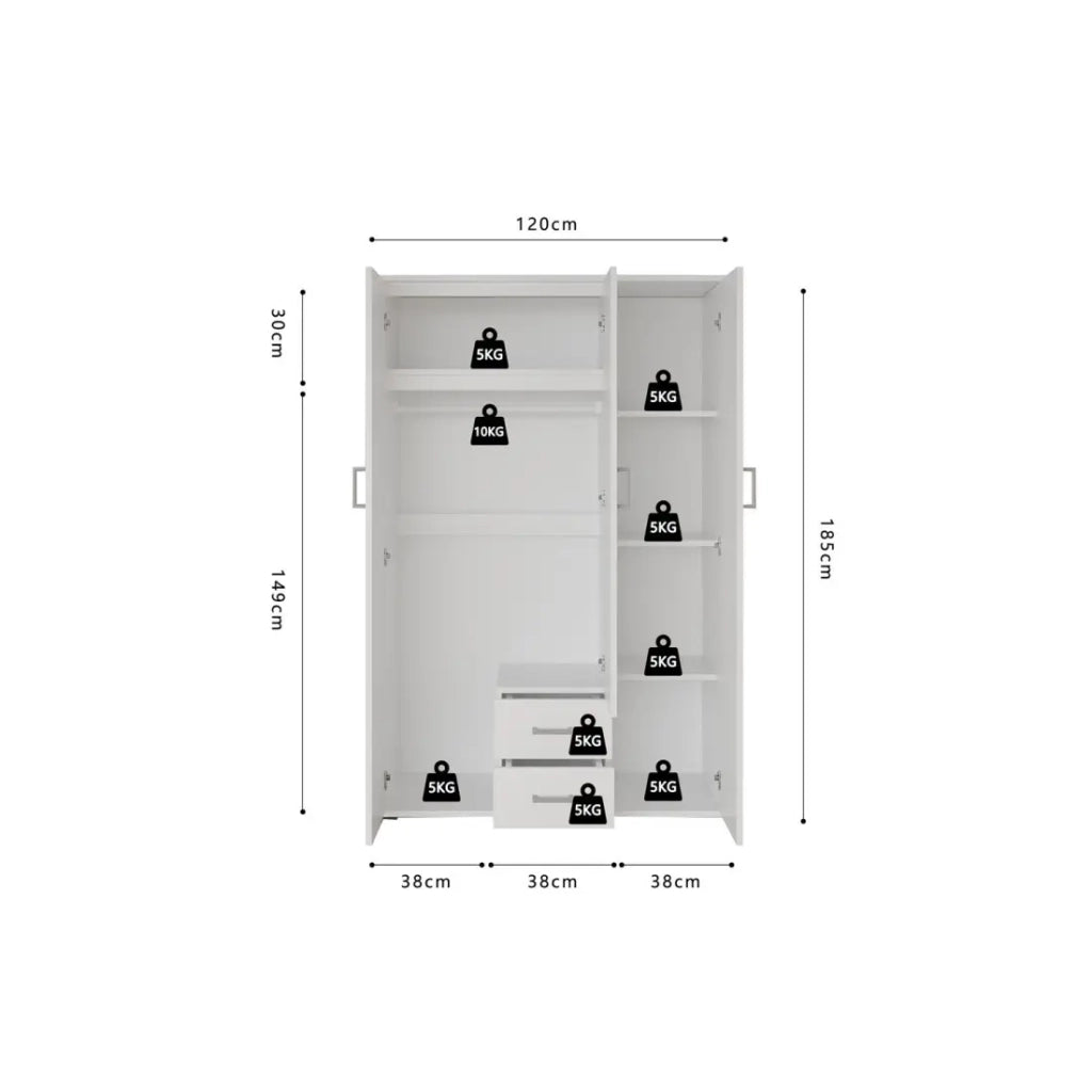 Armadio a 3 ante con specchio TOM - Dimensioni: H185 x L120 x P52 cm - Colore bianco - Stile design