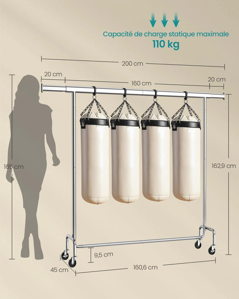 Appendiabiti con ruote barra appendiabiti estensibile per carichi pesanti capacità di carico 110 kg 45 x (160-200) x 162,9 cm appendiabiti in metallo cromato argento 12_0006974