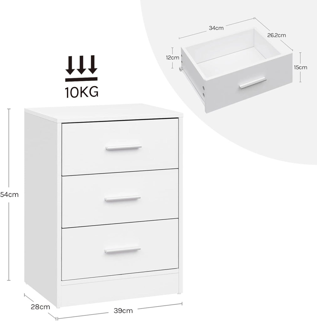 Set di 2 Comodini Moderni con 3 Cassetti, Grande Capacità, Tavolino da Letto per Camera da Letto, Soggiorno e Ufficio, 39x28x54cm, Bianco, NTS26hei-2