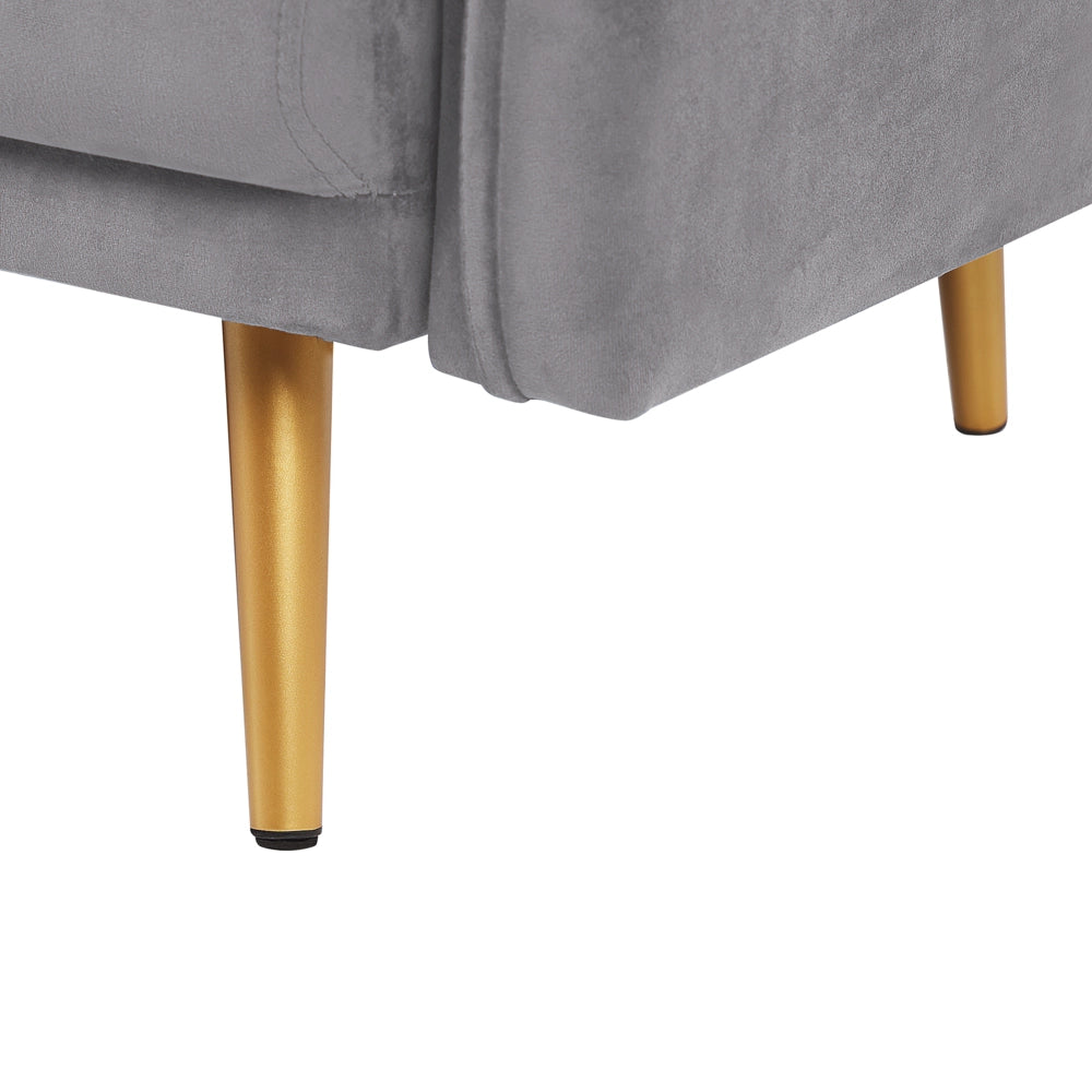 Divano Velluto Grigio 3 Posti Schienale Imbottito Gambe In Metallo Dorato Retrò Glam