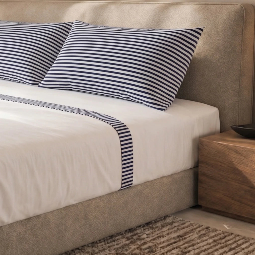 Set Lenzuola Letto Matrimoniale in Puro Cotone | Completo Letto 2 Piazze | Lenzuolo con angoli, Lenzuolo Piano e 2 Federe | Lenzuola in Cotone con Balza a Righe Blu