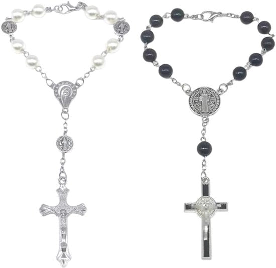 Set di 2 Rosari per Supporti di Specchio Rettangolari - Accessori per Auto con Accenti Bianchi e Neri, Accessori Perfetti per Auto