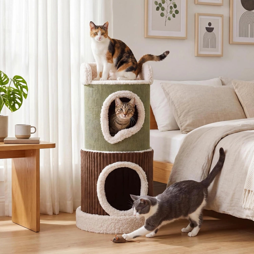 Tiragraffi per Gatti a 2 Livelli, Cuccia Cilindro in Velluto Morbido con Trespolo Superiore, 2 Casette Spaziose e Base Rotonda Rimovibile, Centro Attivitàper Gatti, 41 x 41 x 85 cm