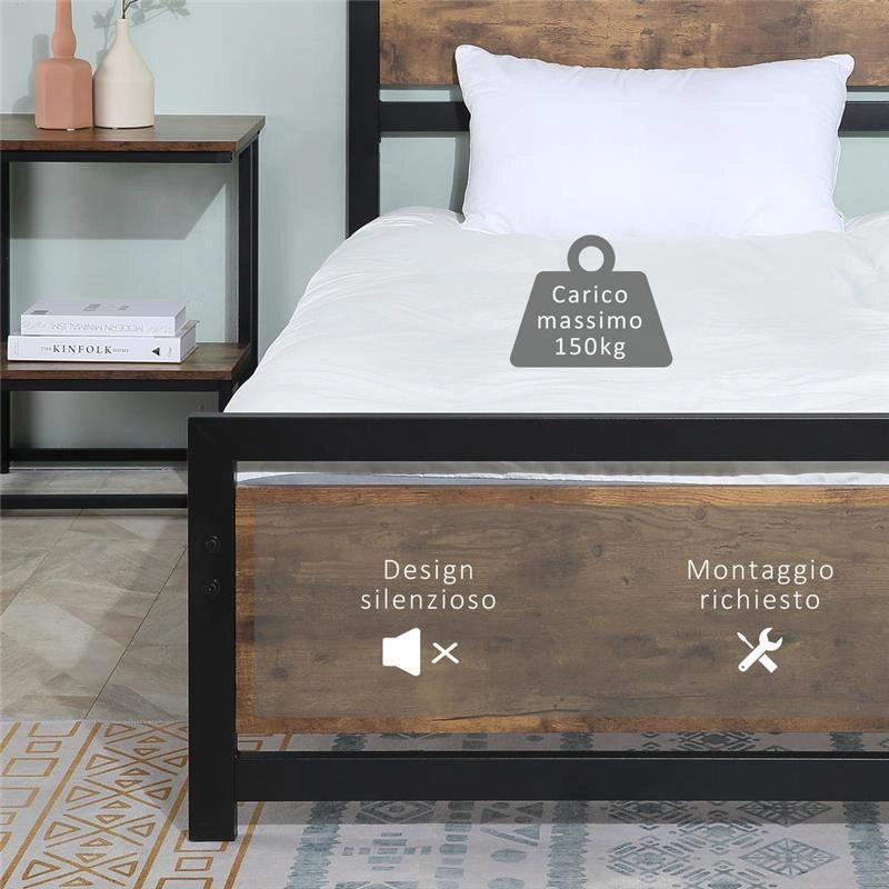 STRUTTURA LETTO SINGOLO IN LEGNO E ACCIAIO CON DOGHE IN STILE INDUSTRIALE