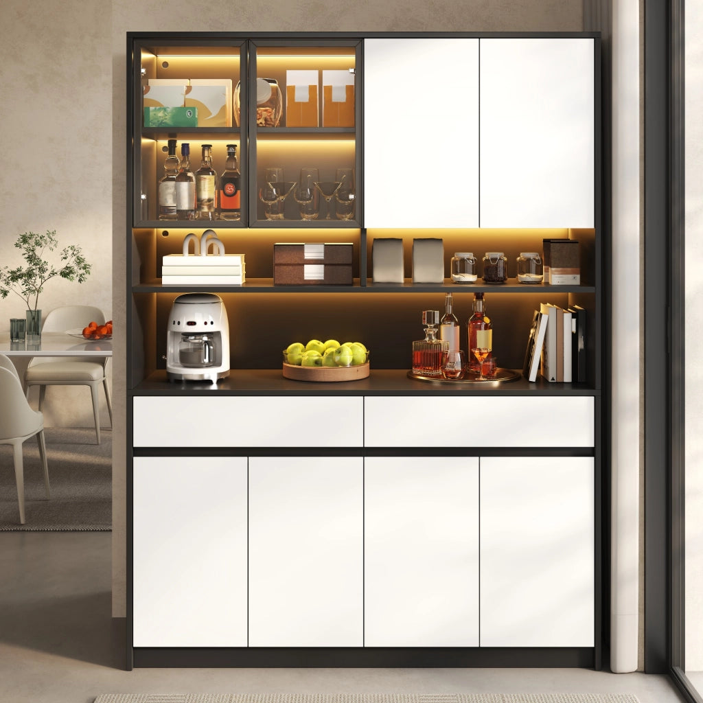 Credenza alta con LED e ante in vetro, 8 ante, 2 cassetti e vani aperti, per soggiorno, in MDF, 120 × 38 × 160 cm