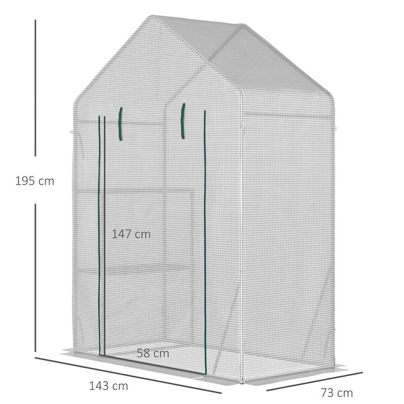 SERRA DA GIARDINO IN PE E ACCIAIO PER ESTERNI CON 2 SCAFFALI E PORTA AVVOLGIBILE, 143X73X195 CM, BIANCO