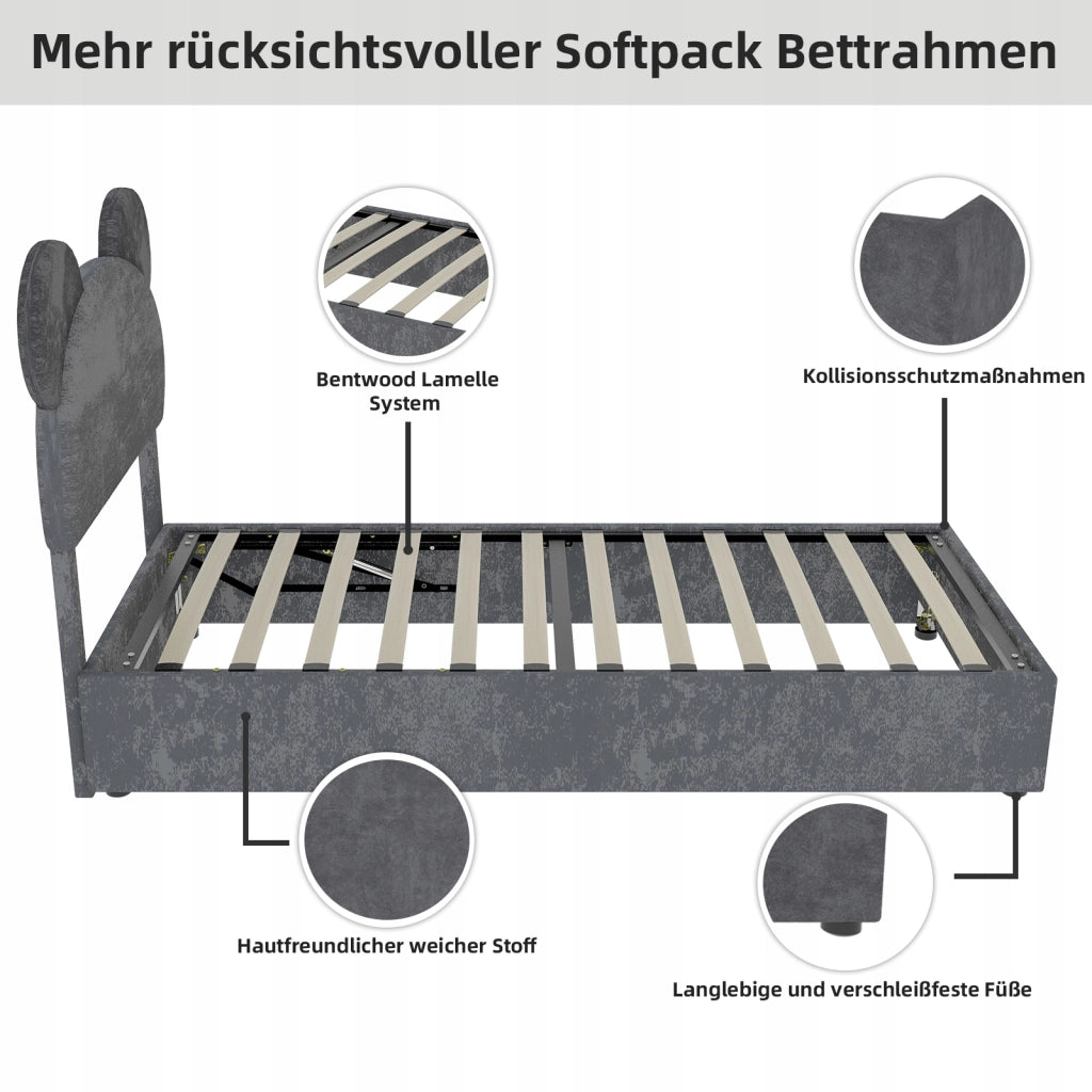 Letto imbottito 90x200 - Xylo - Grigio con funzione di sollevamento