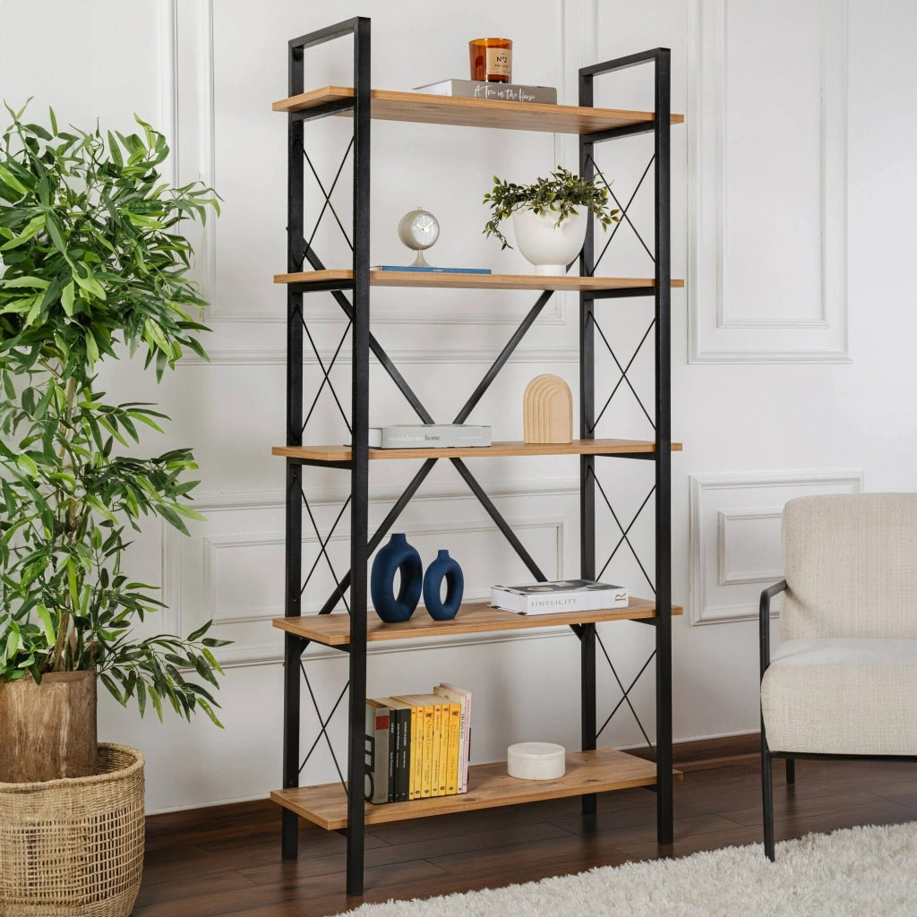 Libreria Suriel, Scaffale da ufficio, Mobile portalibri, Biblioteca, 90x34 h180 cm, Pino e Nero