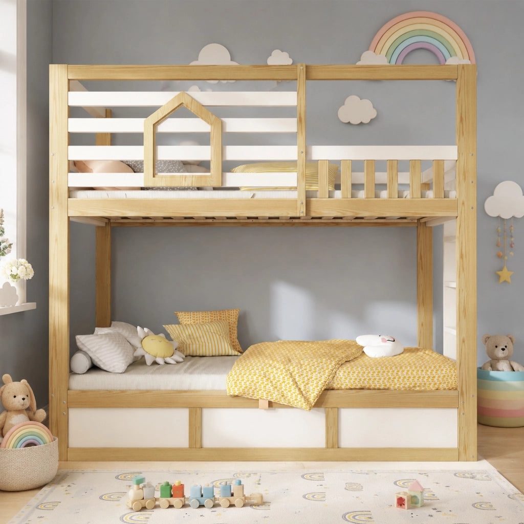 Letto a Castello 90 x 200 cm; 2 Posti - Contenitore e Scala - in Legno - Bianco e Rovere