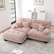 Divano modulare in chenille con cuscini lombari e pouf, seduta profonda e braccioli imbottiti per soggiorno rosa