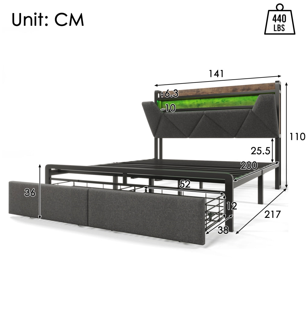Letto matrimoniale 140x200 cm in lino grigio con testiera contenitore; LED; USB e cassetti