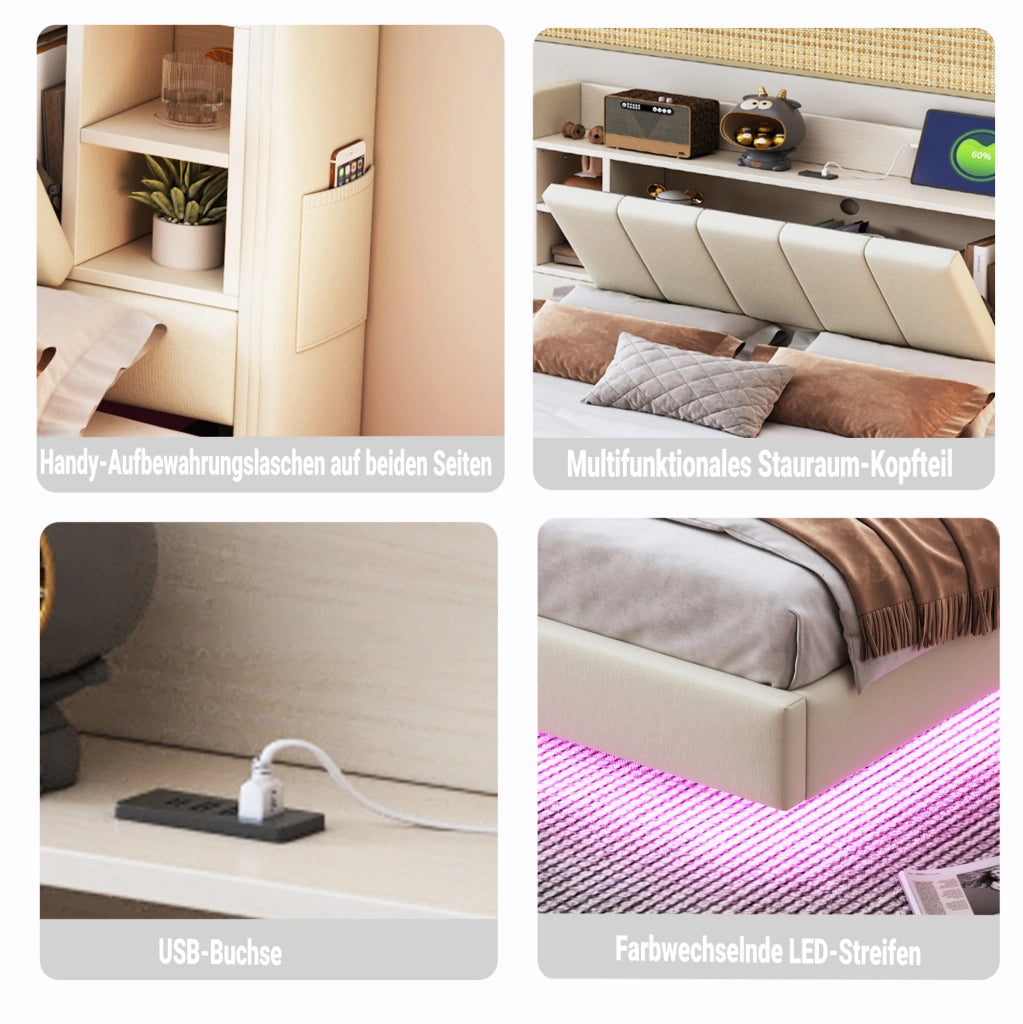 Letto matrimoniale imbottito 160x200 cm beige con LED; USB e testiera con vani contenitore