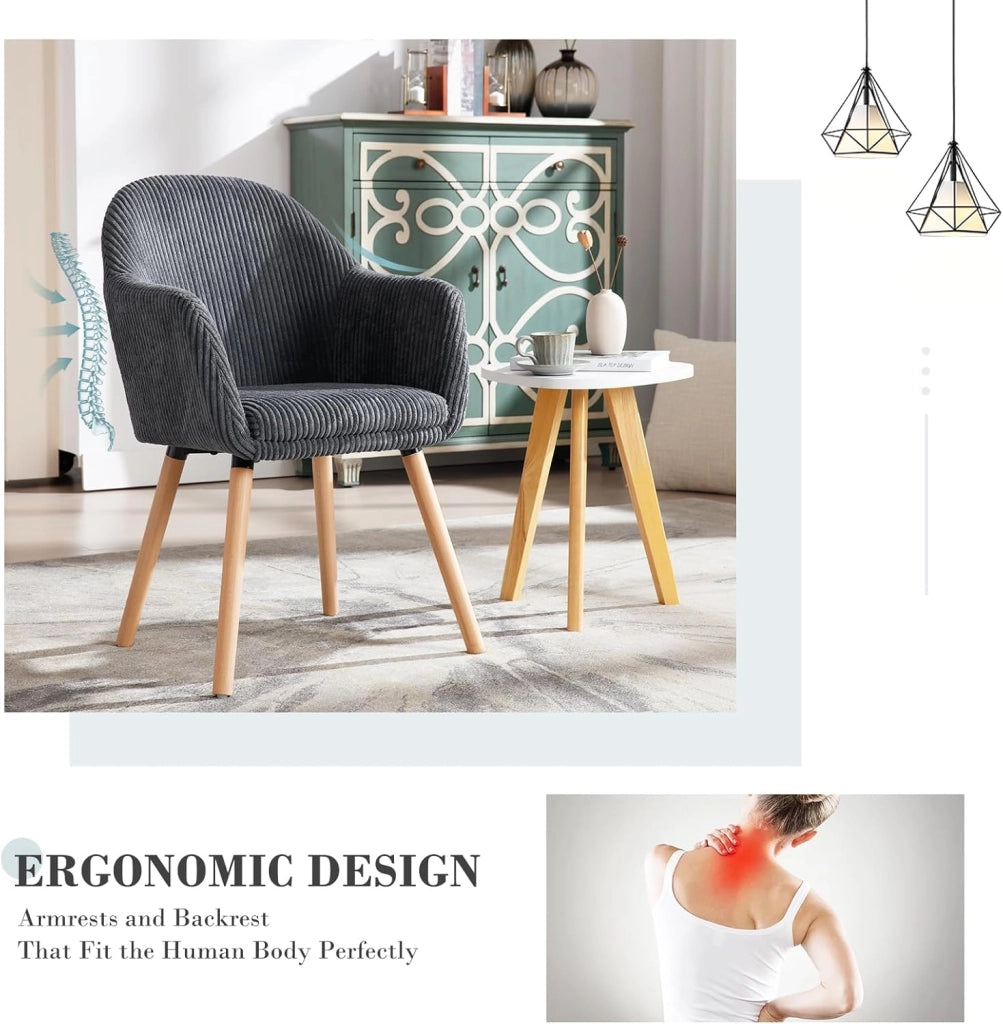 Set di 2 Sedie Sala da Pranzo, Sedie Cucina, Poltroncina, Sedia Imbottita per Camera da letto Ufficio, Salotto, Seduta in Velluto a Coste, Gambe in Legno Massiccio, Grigio Scuro, EZS26dgr-2