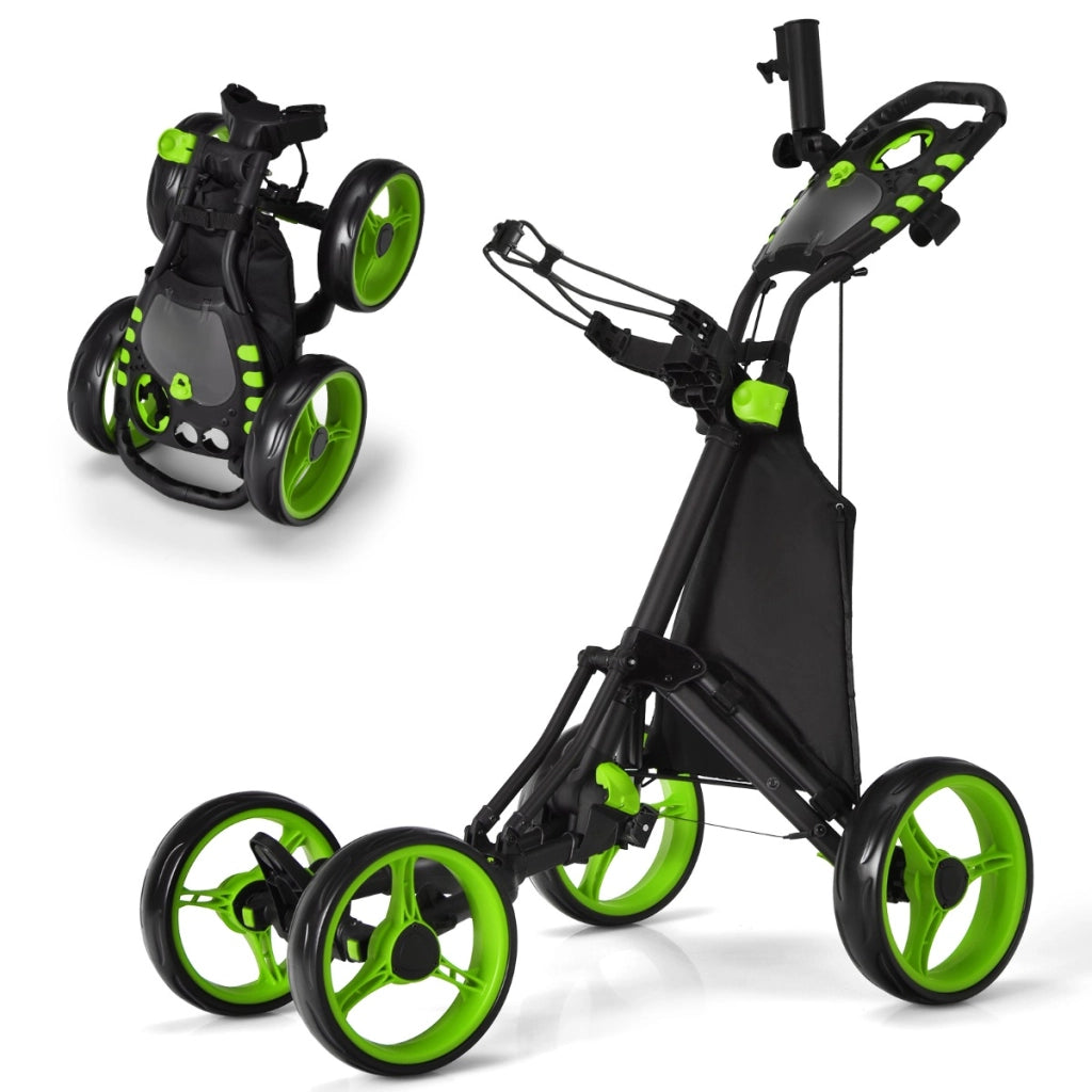 Carrello da golf a spinta e a trazione con borsa impermeabile e freno a pedale, Carrello pieghevole a 4 ruote Verde-Golf
