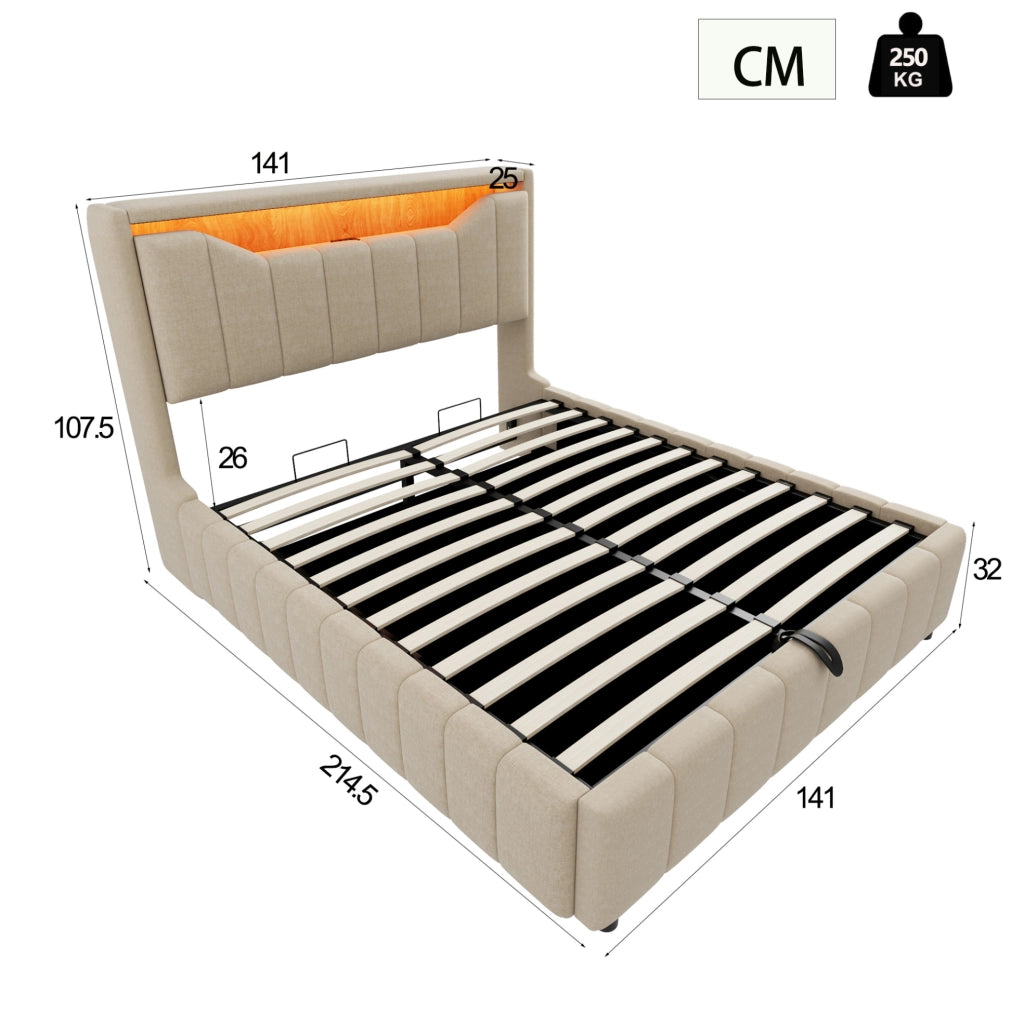 Letto 140x200 cm con contenitore idraulico, LED, USB e USB-C in tessuto beige