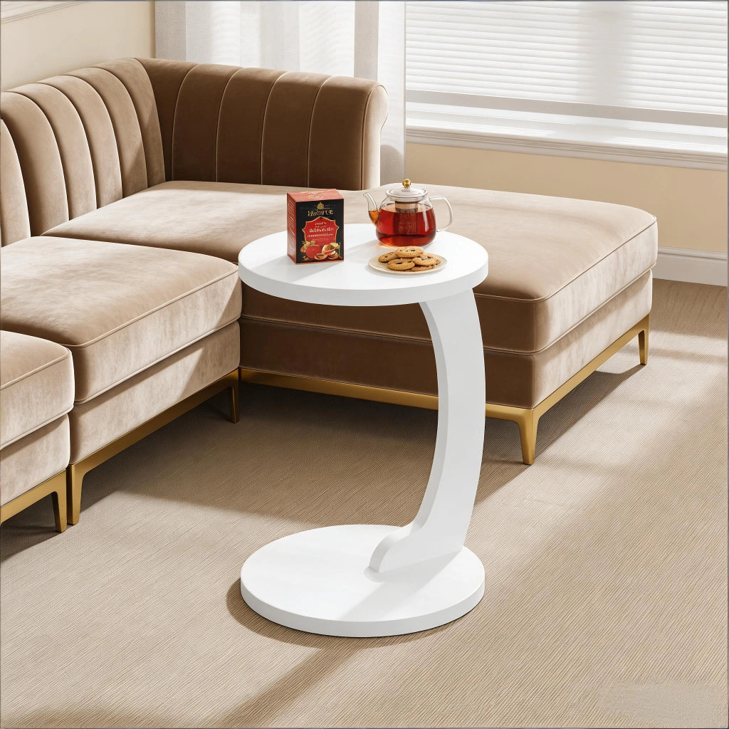 Tavolino basso rotondo a C in MDF con piano resistente e base stabile, per soggiorno e camera, bianco, 38 × 55 cm