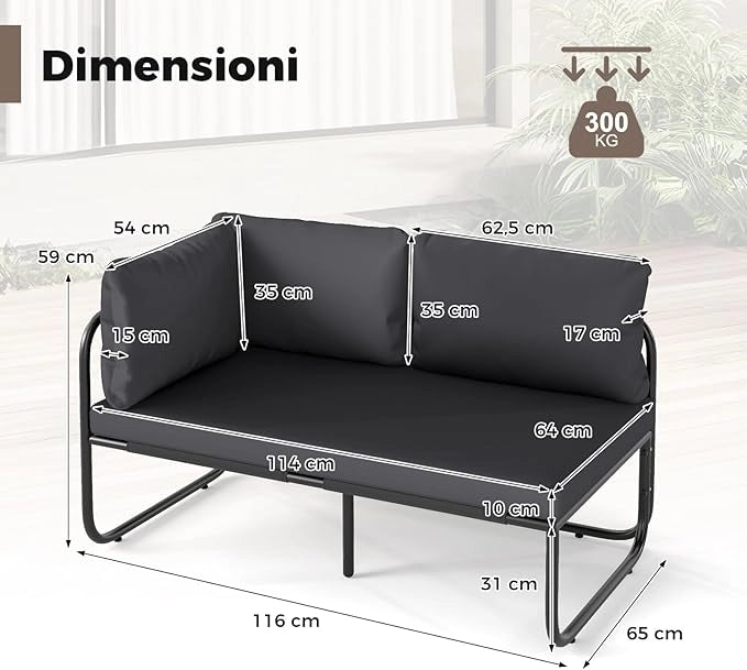 Divano da Esterno a 2 Posti, Divano con Cuscini Rimovibili, Bracciolo Laterale, Struttura in Metallo Robusta, Lettino Prendisole per Giardino Balcone, Portata 300 kg