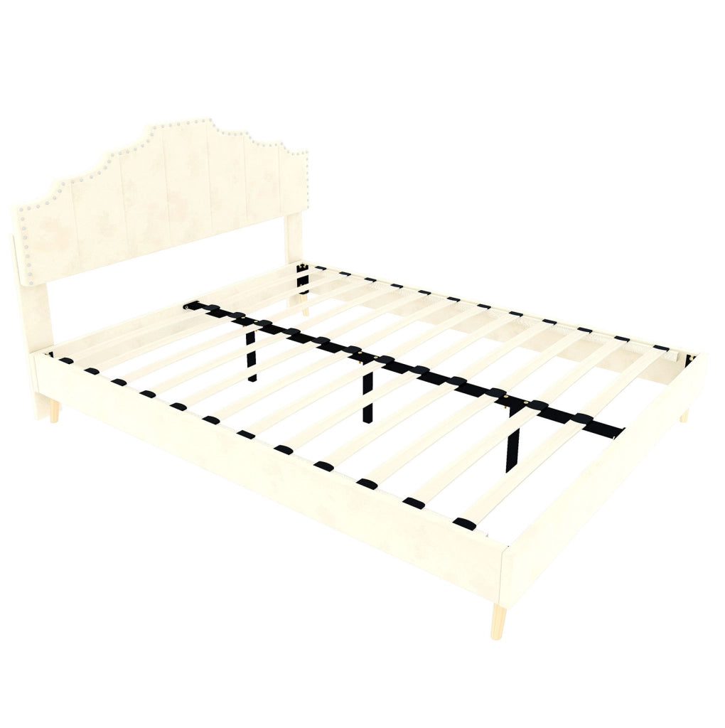 Letto 160x200 cm in tessuto e metallo beige con materasso e testiera alta –