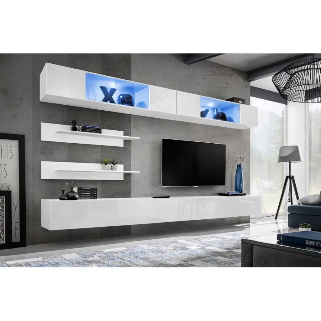 Set di mobili sospesi con LED di colore bianco. Collezione FLY.
