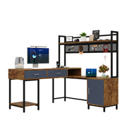 Scrivania ad angolo con 1 anta; 2 cassetti e ripiani - per studio - in MDF e metallo - 140×140×135 cm - nero