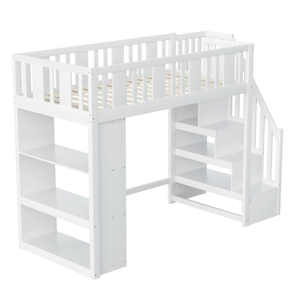 Letto a castello bianco in legno di pino con scala portaoggetti 90x200 cm