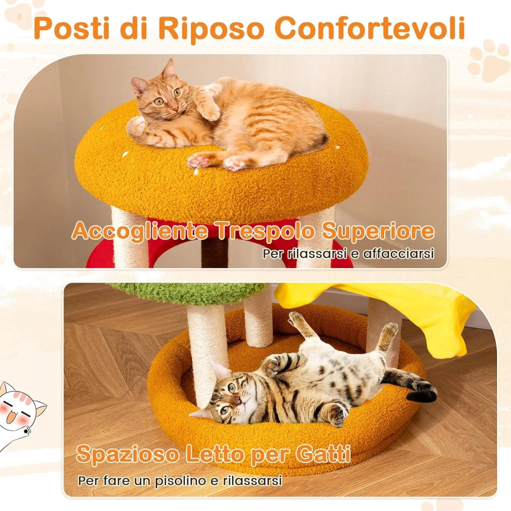 Albero per Gatti 106 cm, Tiragraffi per Gatti a Tema Hamburger con Trespolo Imbottito, Letto Spazioso, Tiragraffi di Sisal e Cuscini Morbidi, Casetta per Gattini, 60 x 60 x 106 cm