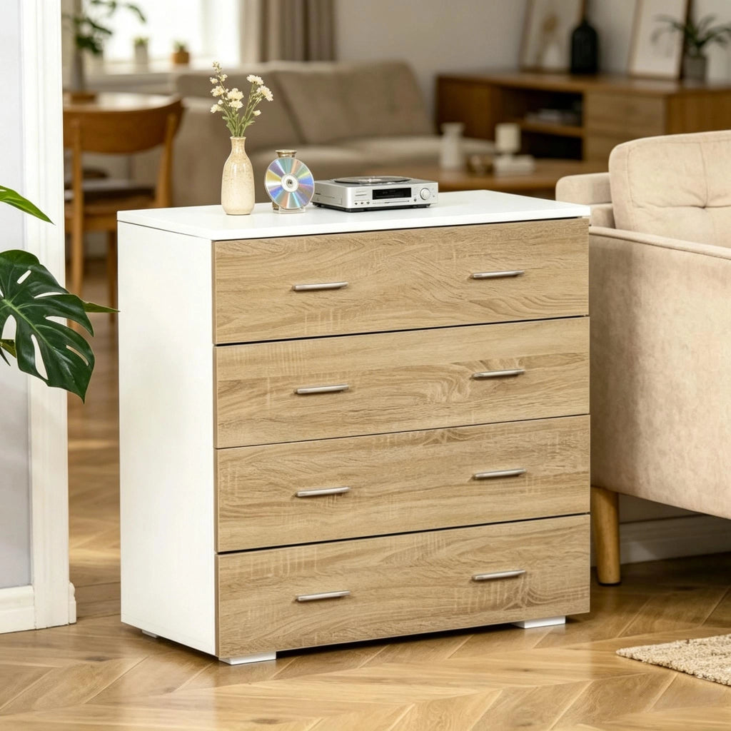 Comò con 4 cassetti e maniglie in metallo, per camera da letto e soggiorno, bianco e legno, 76 × 35 × 72 cm