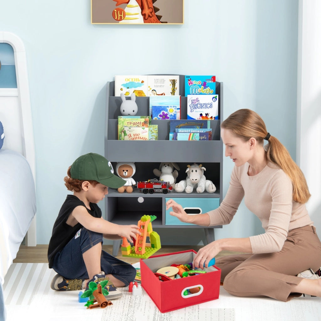 Libreria per bambini con libreria a 3 ripiani scomparto aperto e 2 cassetti in tessuto pieghevoli, Scaffale in legno Grigio