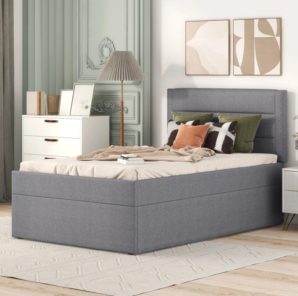 Letto singolo imbottito 90x200 cm con rete a doghe, grigio
