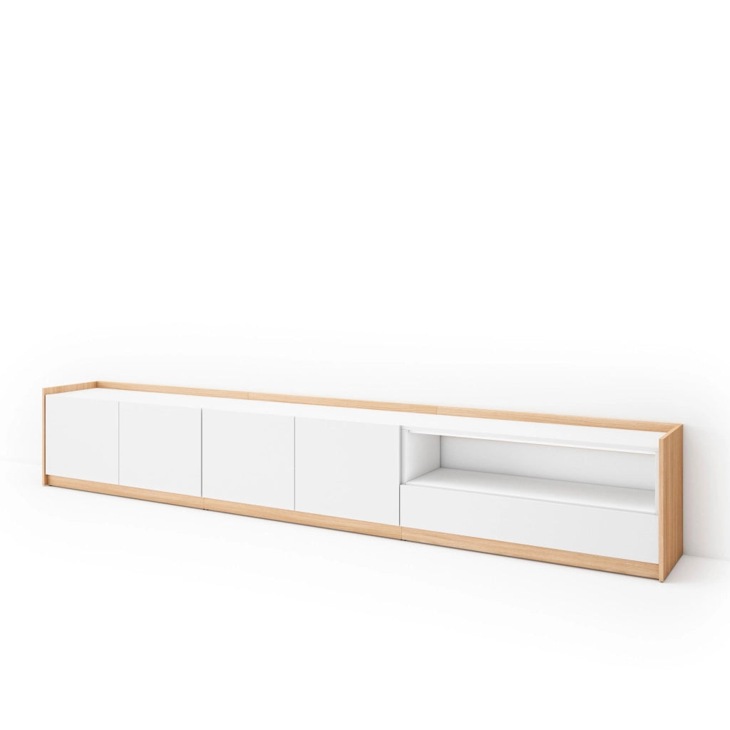 Mobile TV Soggiorno, 310x50x37 cm, Per TV fino a 80", Mobile Soggiorno, Bianco e Rovere soft