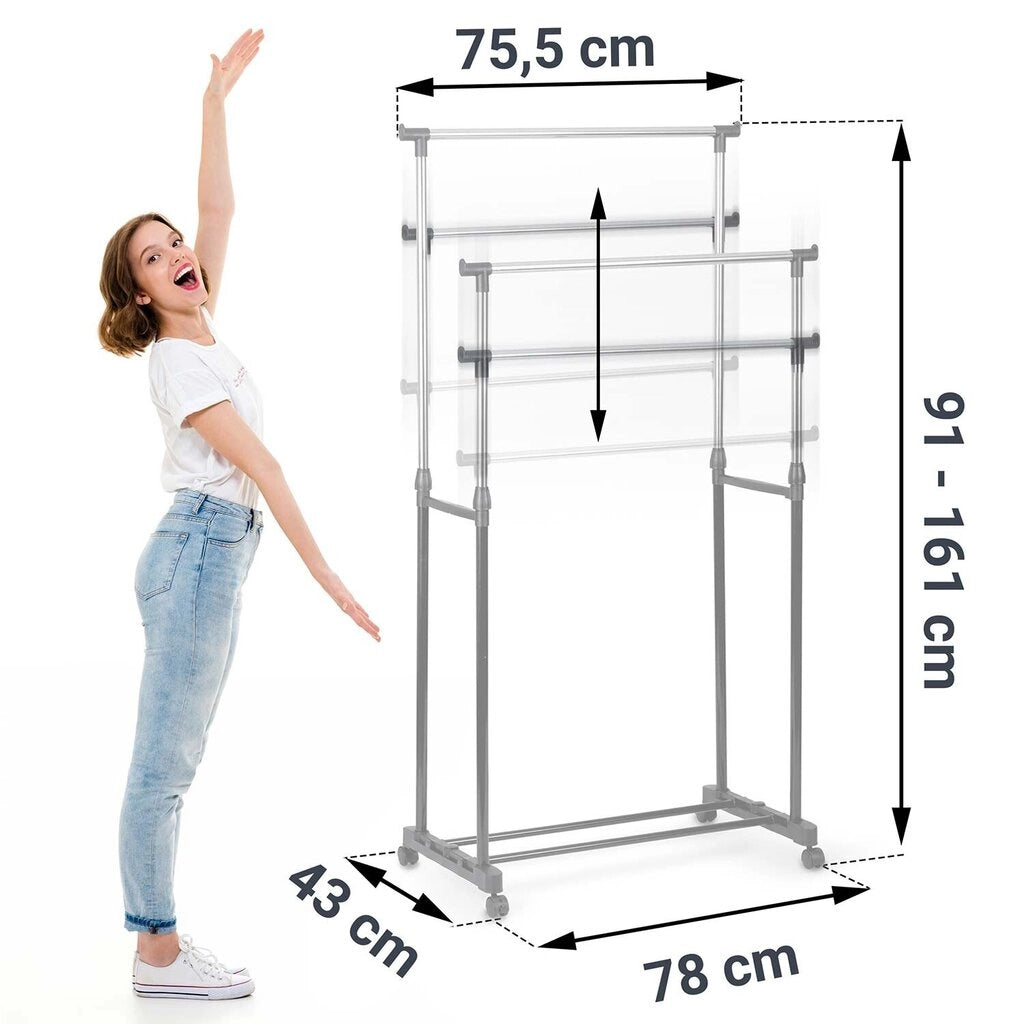 Stand Appendiabiti Doppio Allungabile Telescopico con Ruote 42x75x158 cm