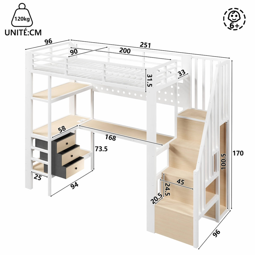 Letto a soppalco singolo 90 × 200 cm con scrivania, 3 cassetti, pannello forato, LED e presa, senza materasso, bianco