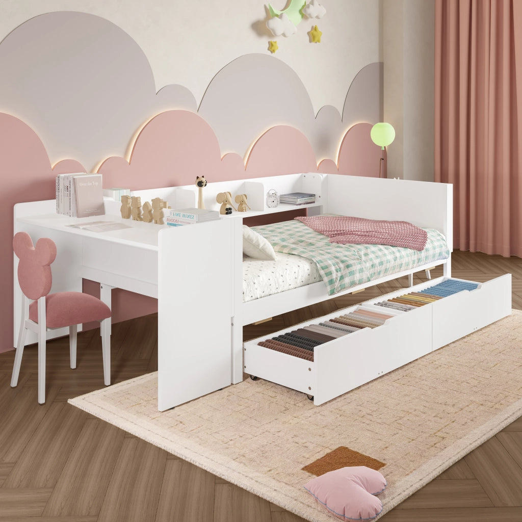 Letto singolo 90×200 cm con scrivania; 2 cassetti e ripiani; senza materasso; legno; bianco