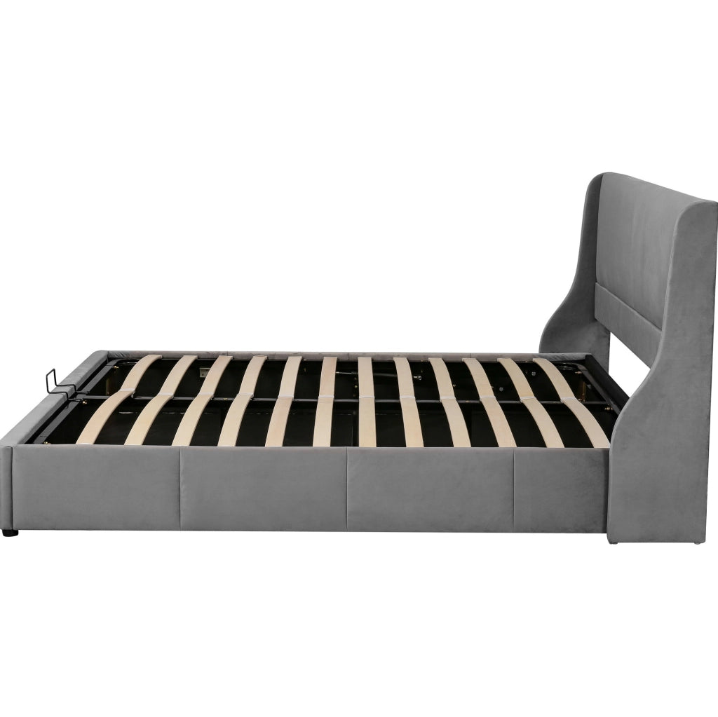 Letto matrimoniale con contenitore e rete 180x200 cm in velluto grigio; testiera sagomata