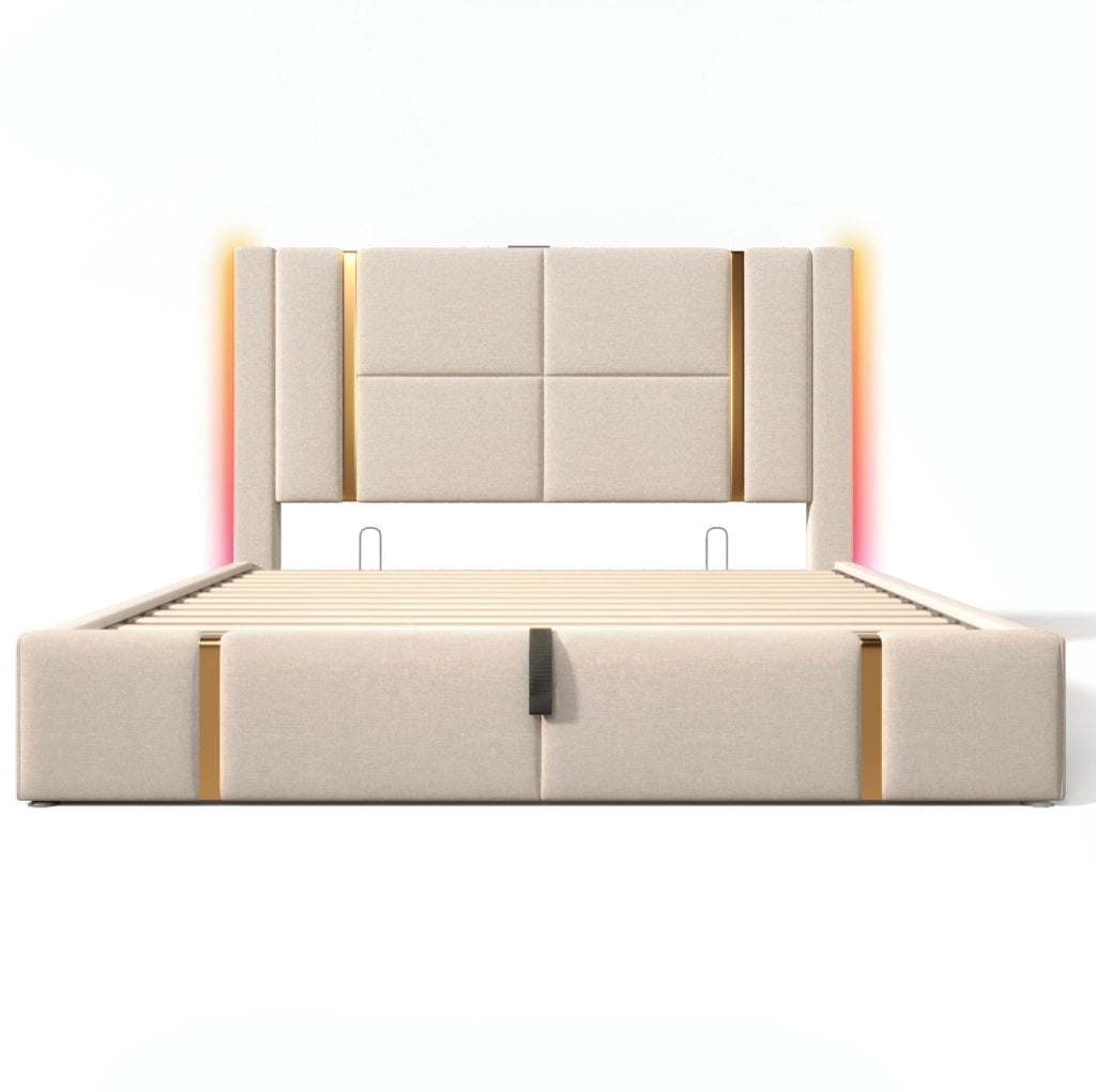 Letto matrimoniale imbottito ULEVR 160x200 cm con contenitore idraulico, LED RGB, USB e Type-C, beige
