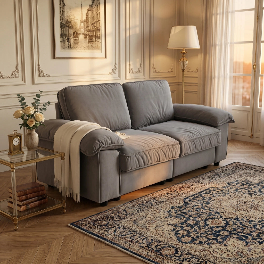 Divano con vano contenitore, seduta ergonomica e braccioli imbottiti, con cuscini schienale in tessuto grigio
