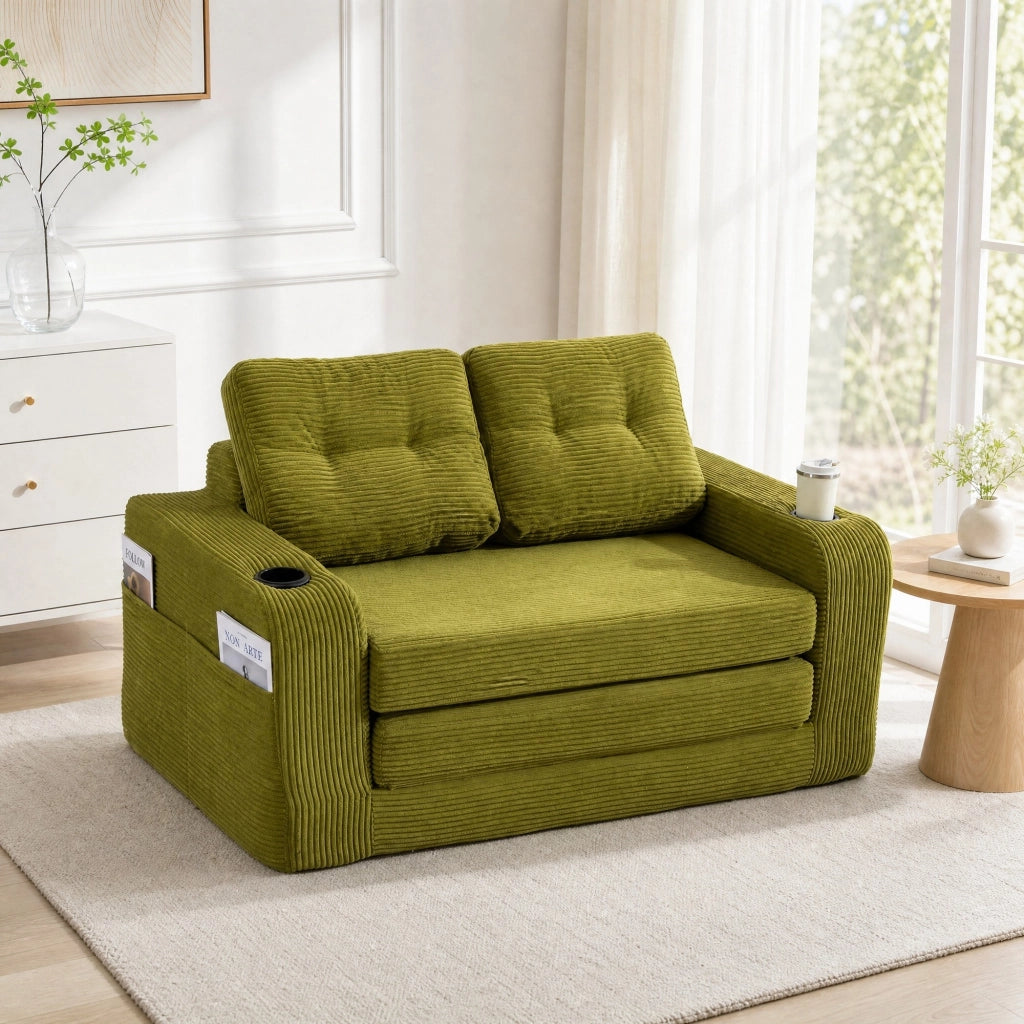 Sofa modulare a 2 posti in tessuto corduroy verde oliva; 136x80x82;5 cm; con tasche laterali e portabicchieri