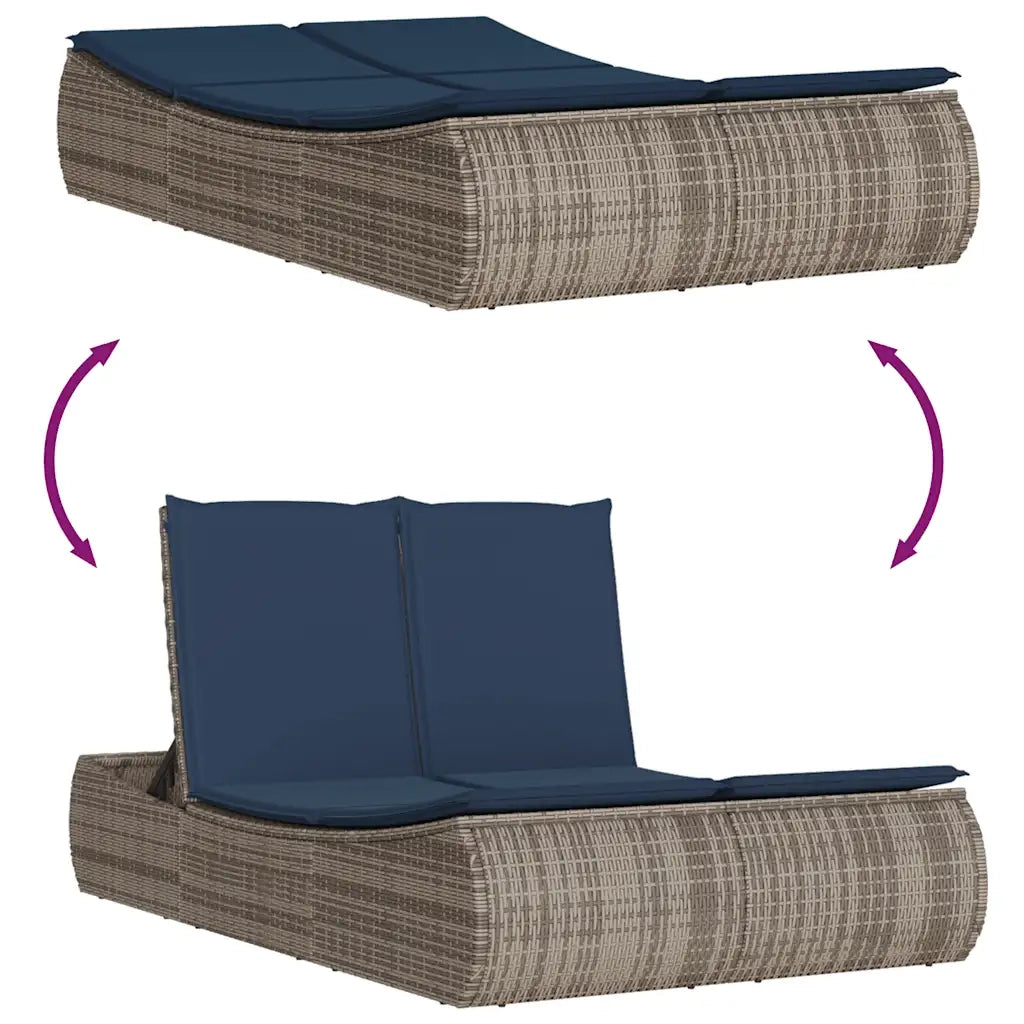 Lettino Prendisole Doppio con Cuscini Grigio in Polyrattan 368097