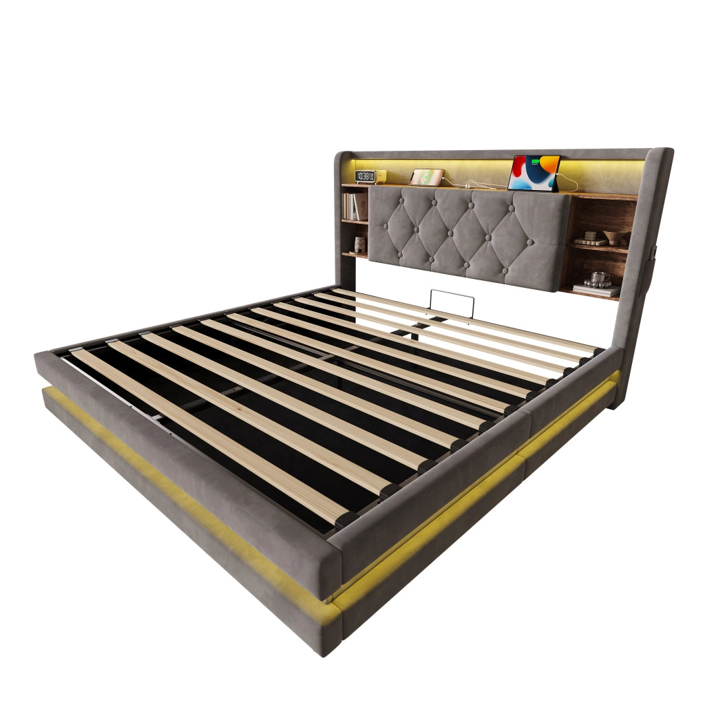 LETTO Contenitore 140x200 cm in velluto grigio con testiera multifunzione