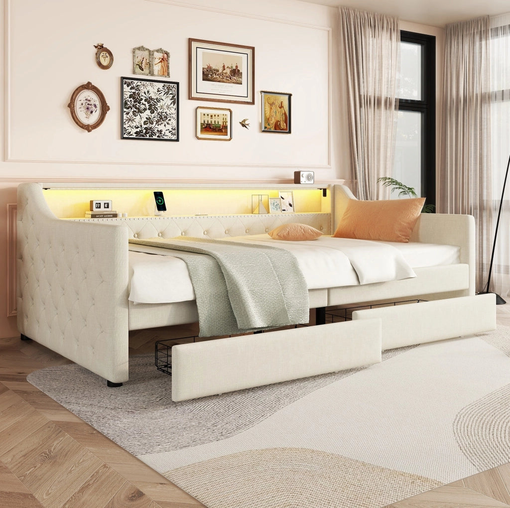 Daybed 90x200 cm con luci LED; USB e 2 cassetti; lino beige